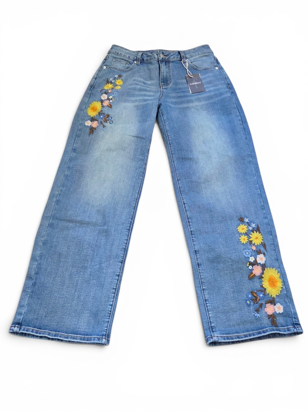 NWT Flamingals Floral Embroidered Wide Leg Jeans Medium Blue High Waisted Boho - Picture 2 of 14